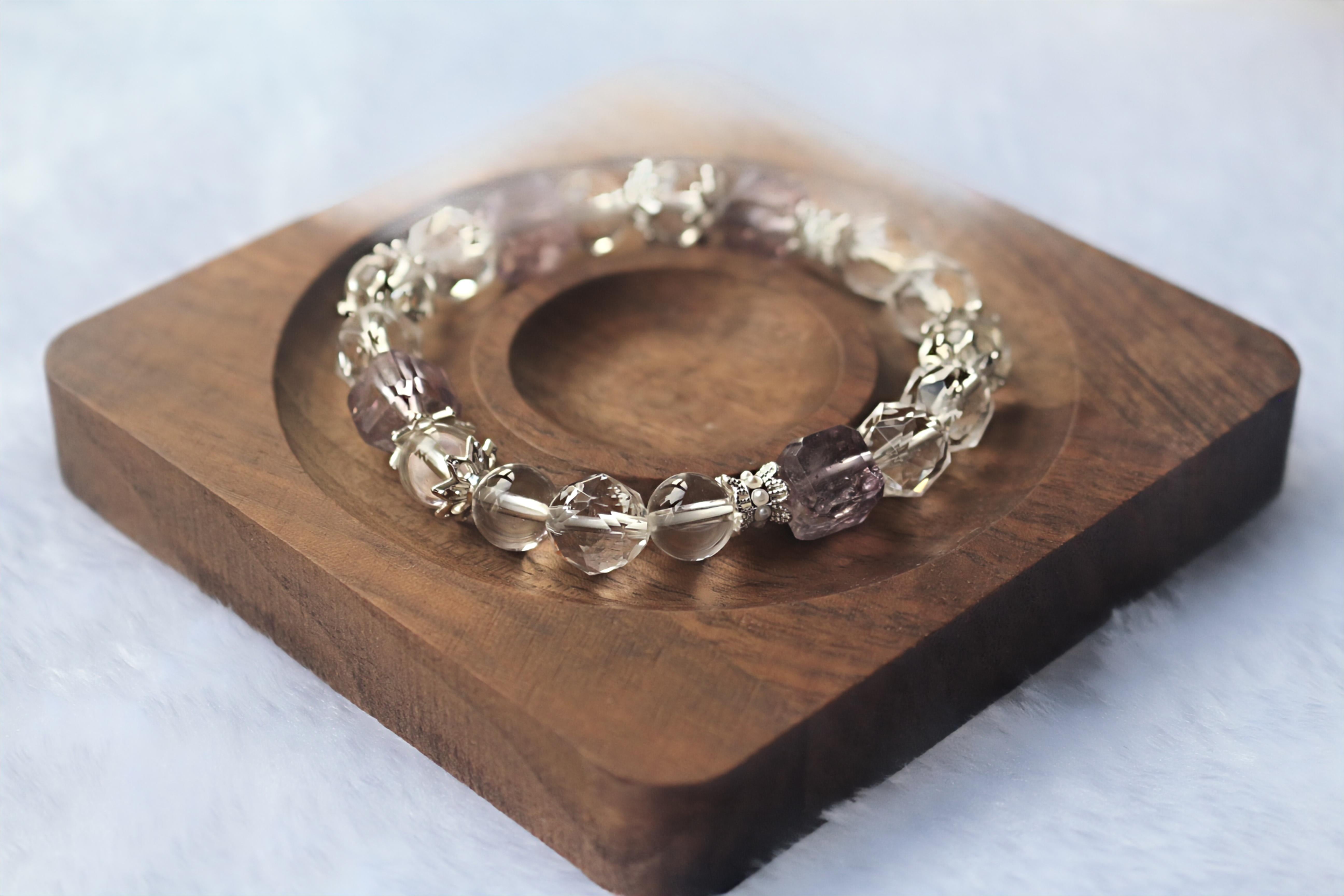 Handcrafted Purple Amethyst & White Crystal Beaded Bracelet